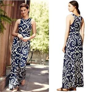 Anthropologie Maeve Scrollwork Navy White Print Jersey Knit Maxi Slip Dress - S